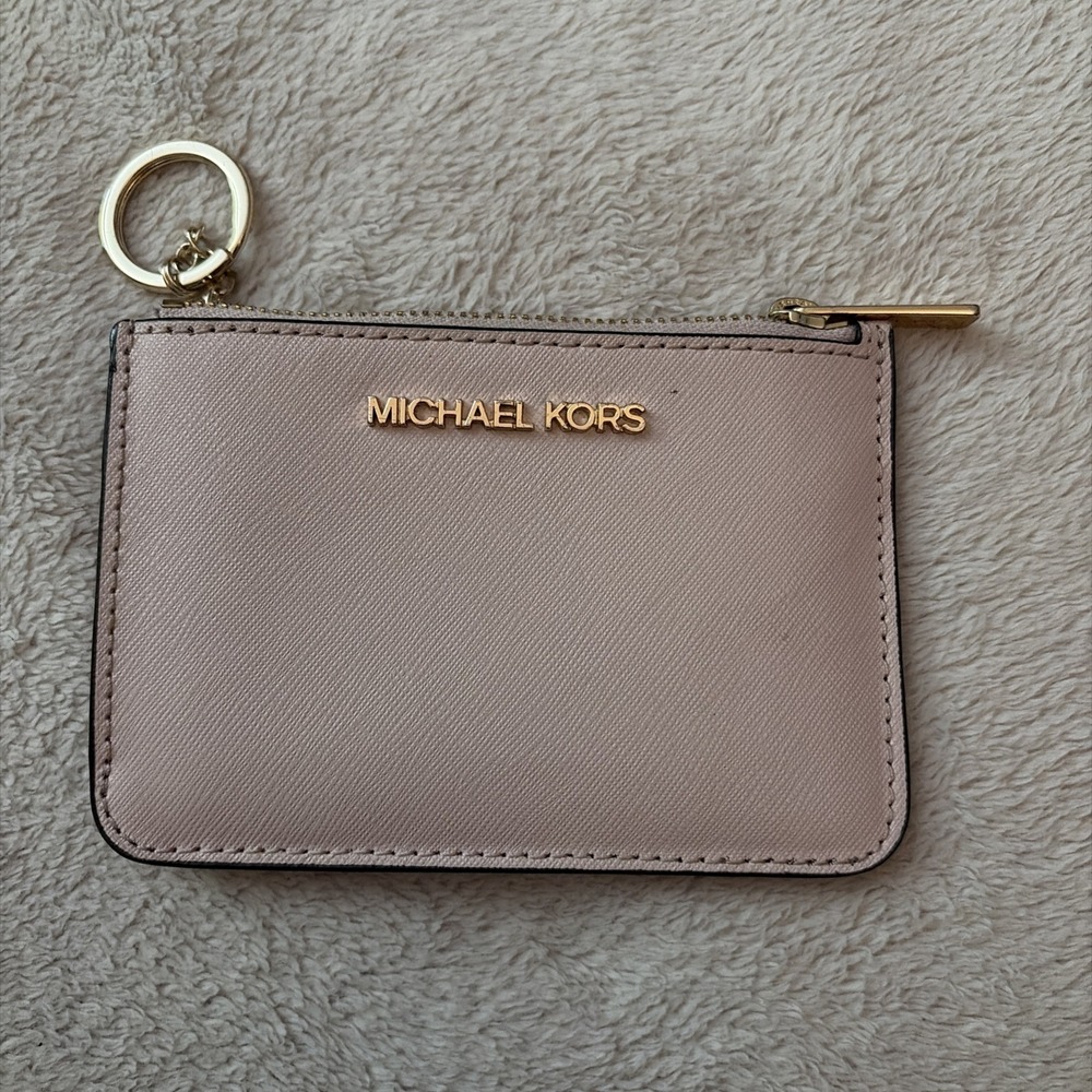 Michael Kors Pink Saffiano Leather Zip Card Holder Coin Pouch Key Ring Wallet